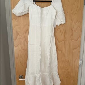 Reformation White Puff-Sleeve Midi Linen Dress